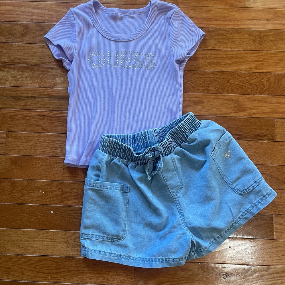 Guess Lavender Tee and Light Blue Shorts Set Girls 10/12